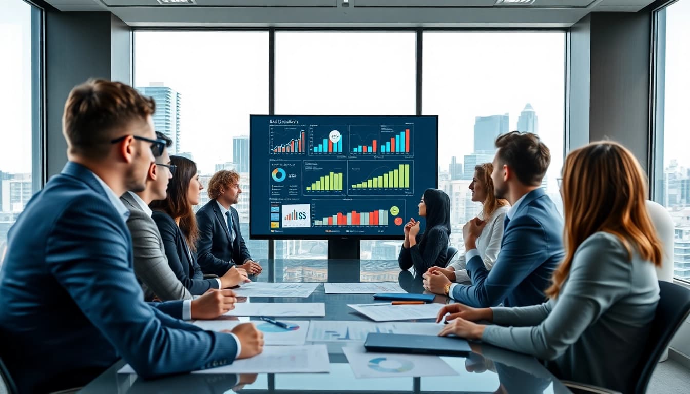 Engaging team discussion on Bid-No-Bid Analysis. in a modern conference room with data visuals.