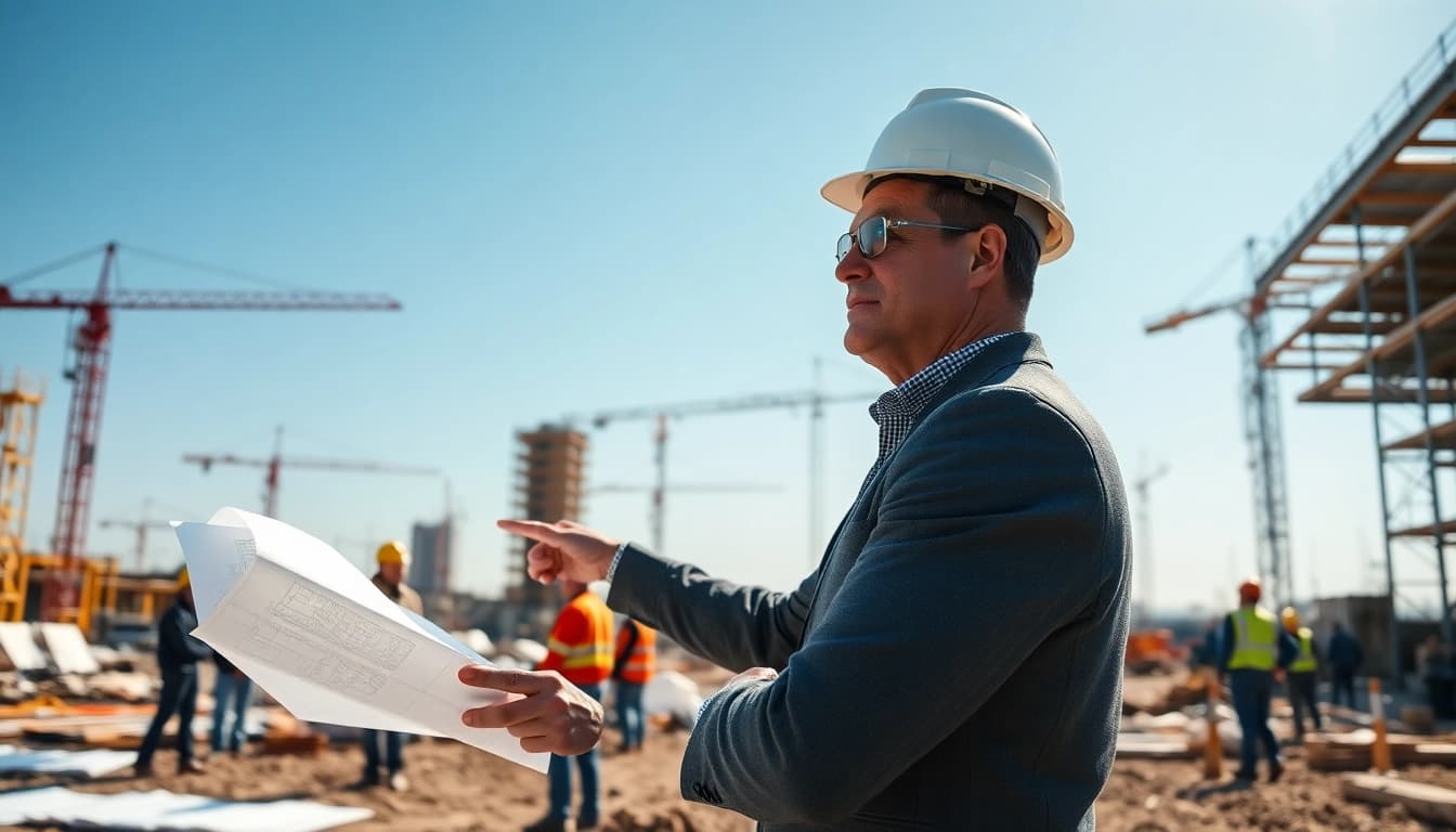 New Jersey Construction Manager directing activities at a busy construction site, showcasing leadership.