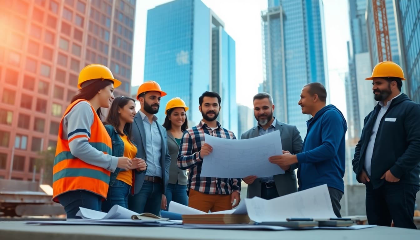 New York General Contractor working collaboratively on a bustling construction site.