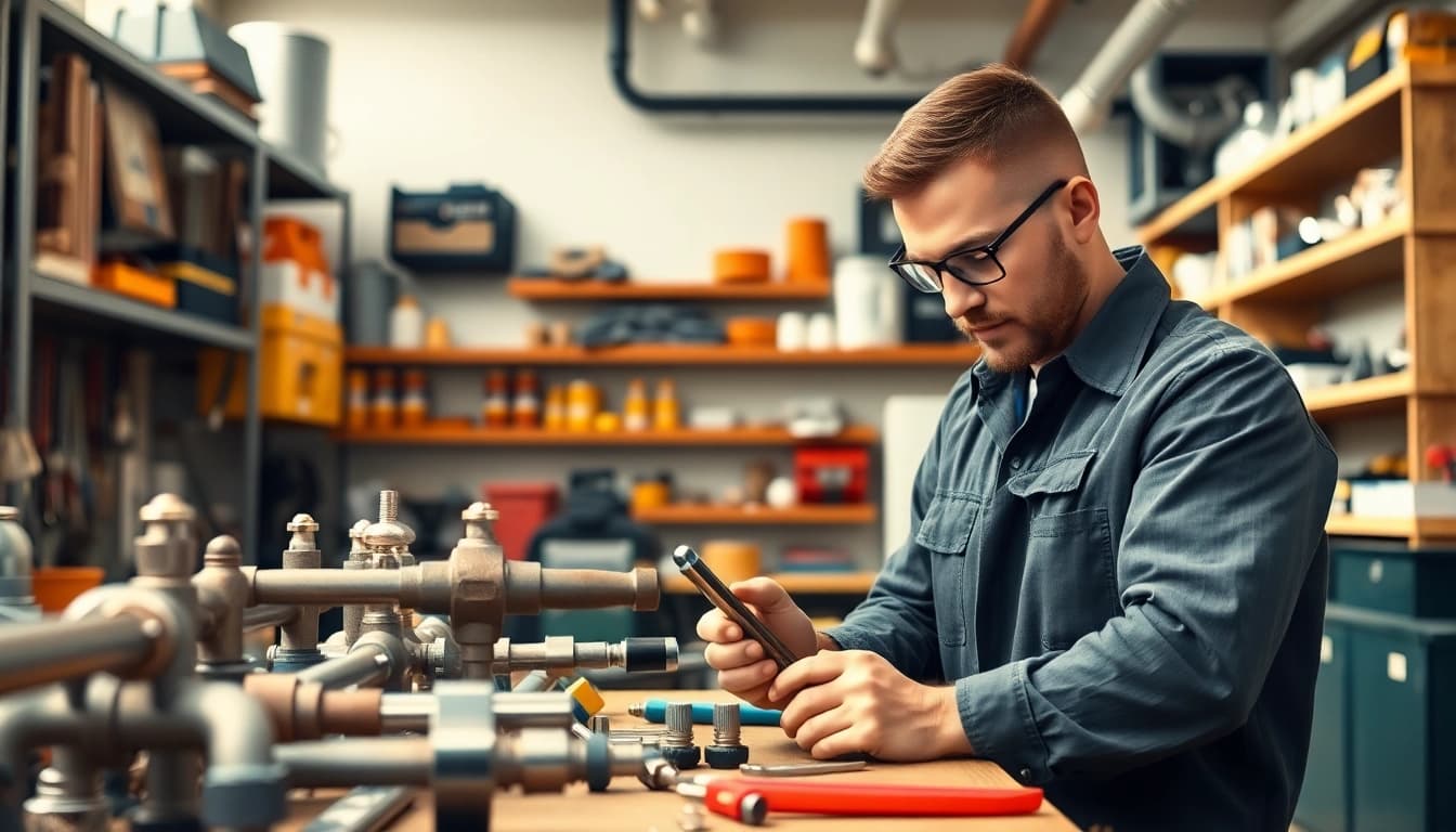 Plumbing apprenticeship workshop with a focused plumber examining tools meticulously.