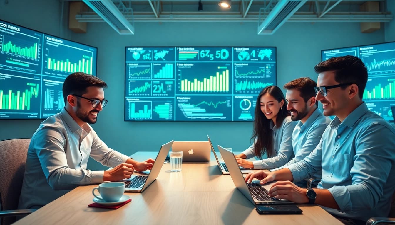 IT professionals collaborating in a modern workspace, showcasing msp companies near me services.