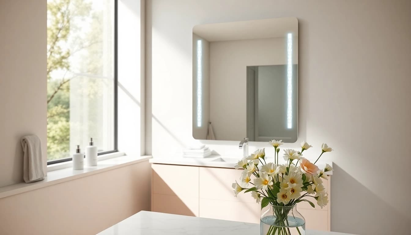 Illuminated elegant led mirror reflecting modern bathroom designs and soft surroundings.
