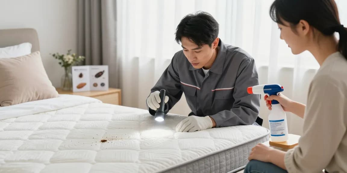Effective bed bug treatment consultation with a professional pest control expert inspecting a mattress in a well-lit bedroom.