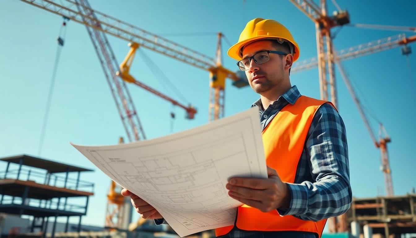 New Jersey Construction Manager analyzing plans on a bustling construction site.