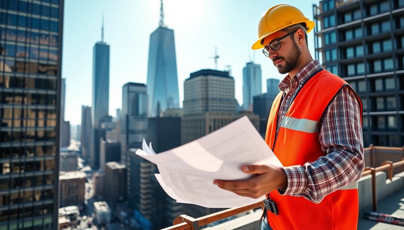 Manhattan General Contractor inspecting blueprints at a New York City construction site.