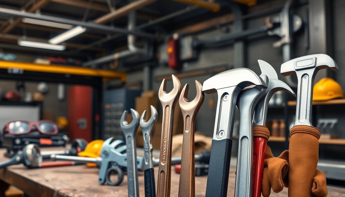 Ampco safety tools displayed in a professional workshop setting, showcasing non-sparking, non-magnetic hand tools.