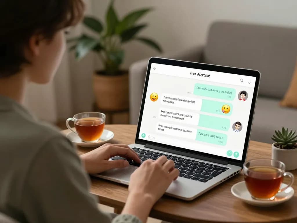 Engaging in free AI sex chat with a playful chatbot on a laptop in a cozy home.