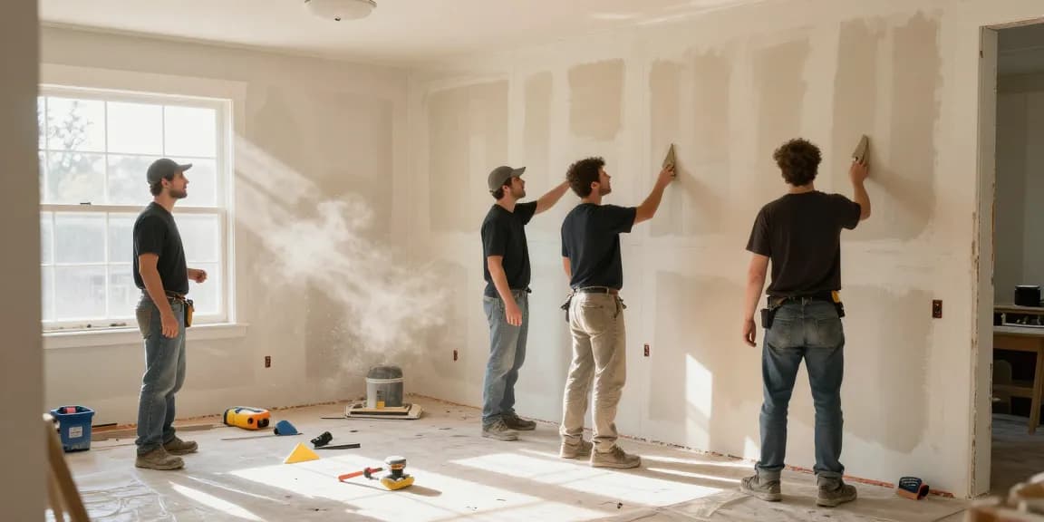 HubPro drywall team expertly installing drywall in a residential living room with bright natural lighting.