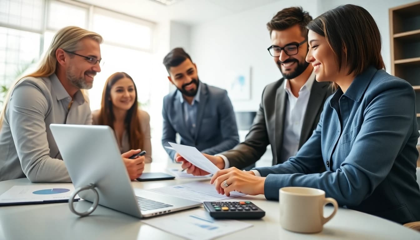 tax preparer discussing tax filings with clients in a professional office setting
