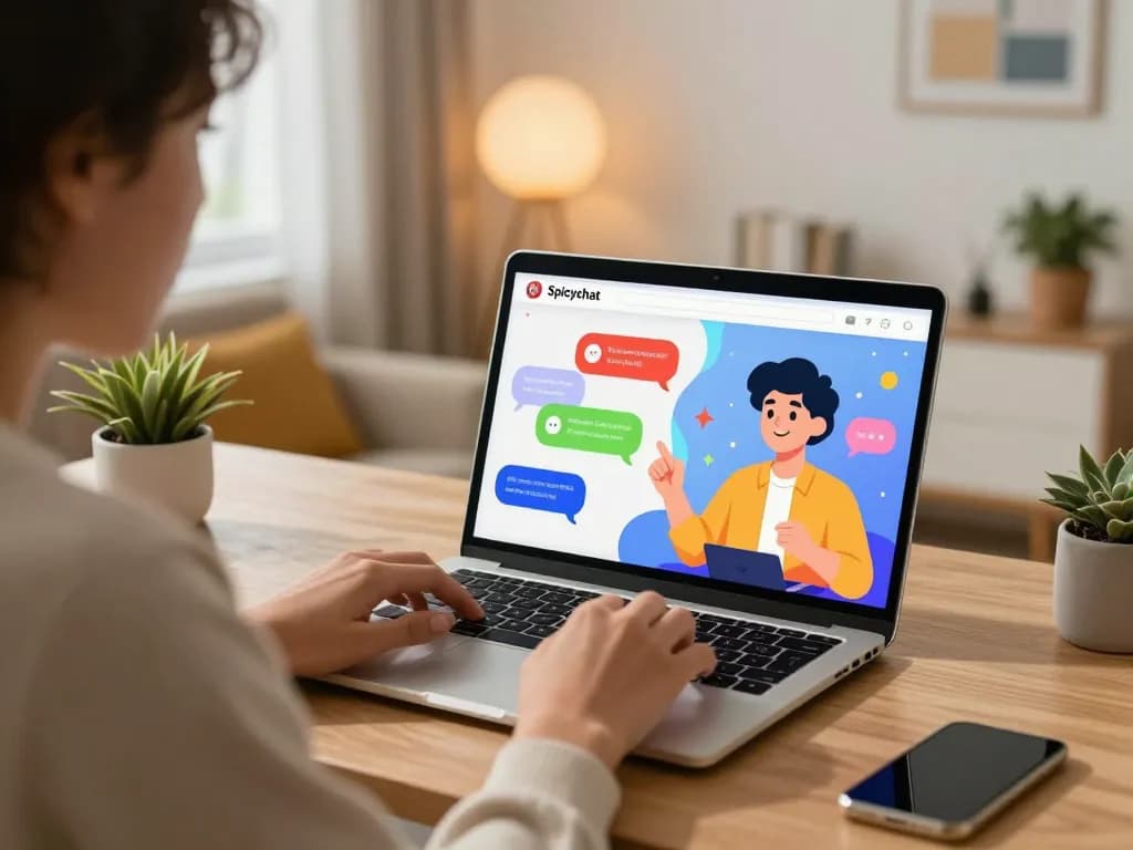 Interactive spicychat AI chat experience in a modern home office.