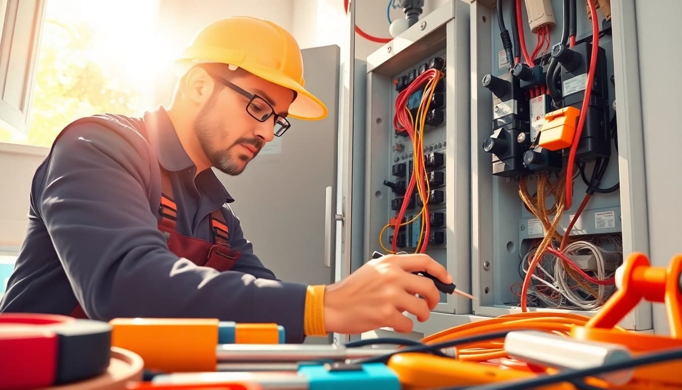 Focused electrician west vancouver repairing an electrical panel with safety equipment.