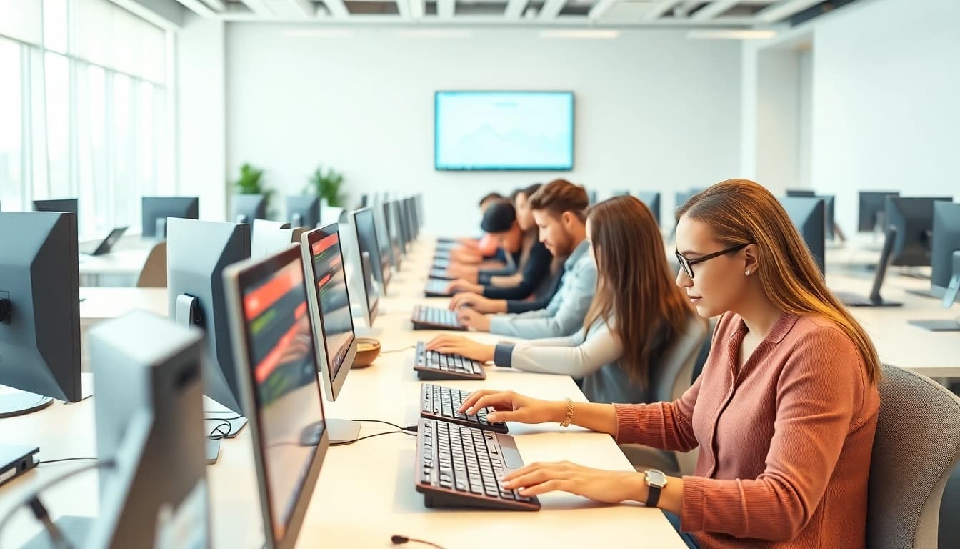 Engaged typists in a modern Typing Center, focusing on efficiency and productivity.