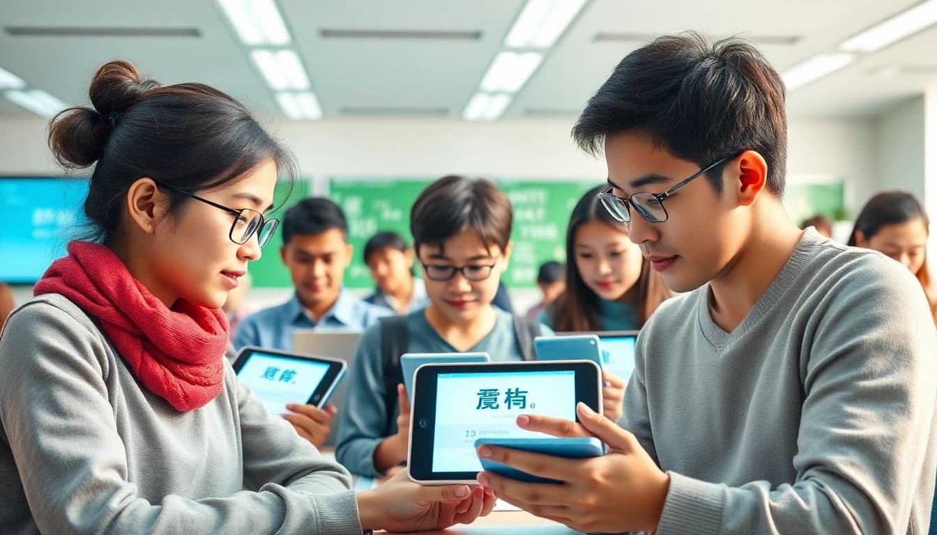 Students actively using the 有道 translation app in a modern educational setting, showcasing diverse engagement with technology.