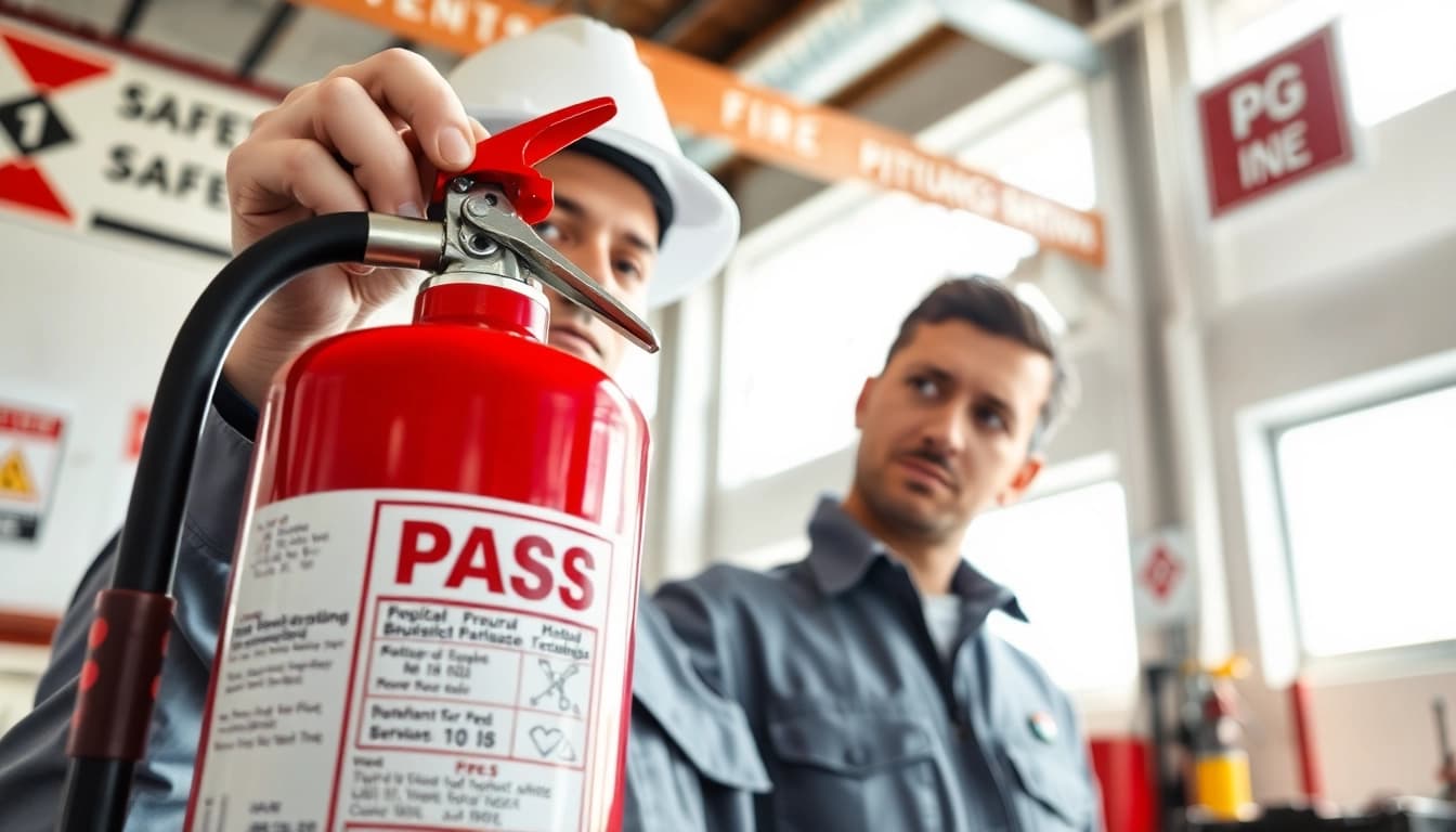 Inspect a pass fire extinguisher in a professional safety setting, highlighting its important features.