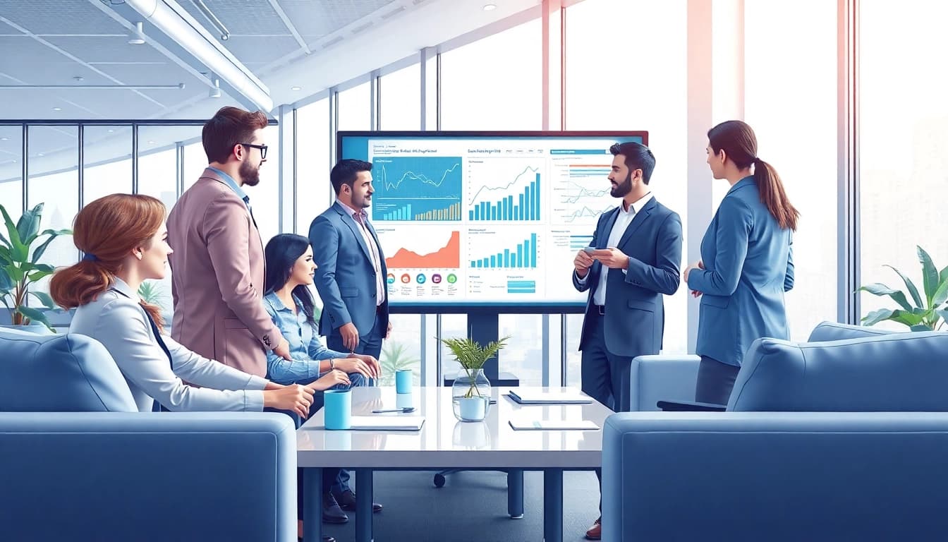 Analyze b2b competitive intelligence data with a diverse team in a modern office.
