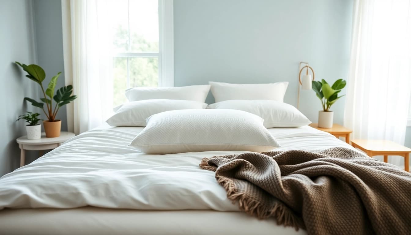A cozy bedroom featuring a Tempur Breeze Pillow on a neatly made bed, enhancing sleep comfort.