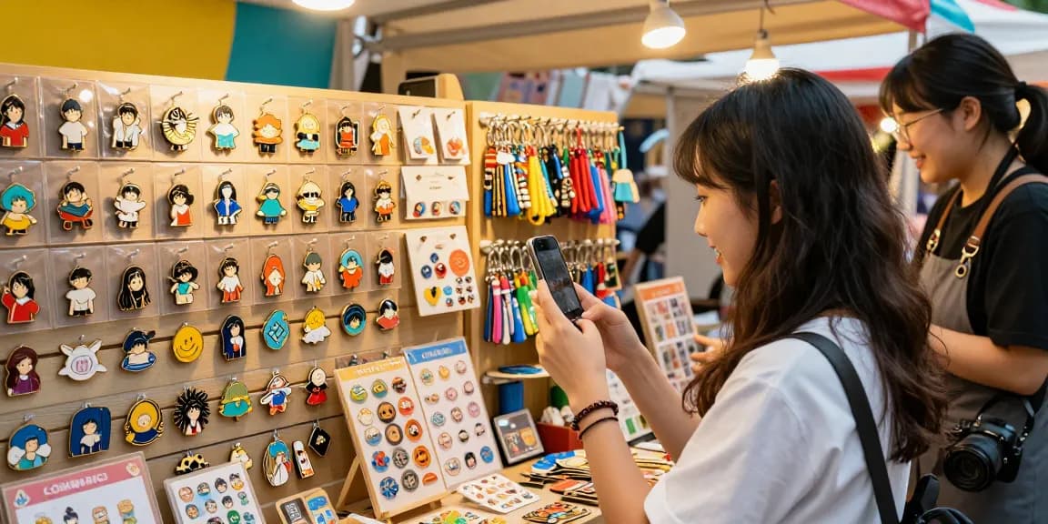 Discover a selection of unique custom enamel pins while shopping in a vibrant retail setting.
