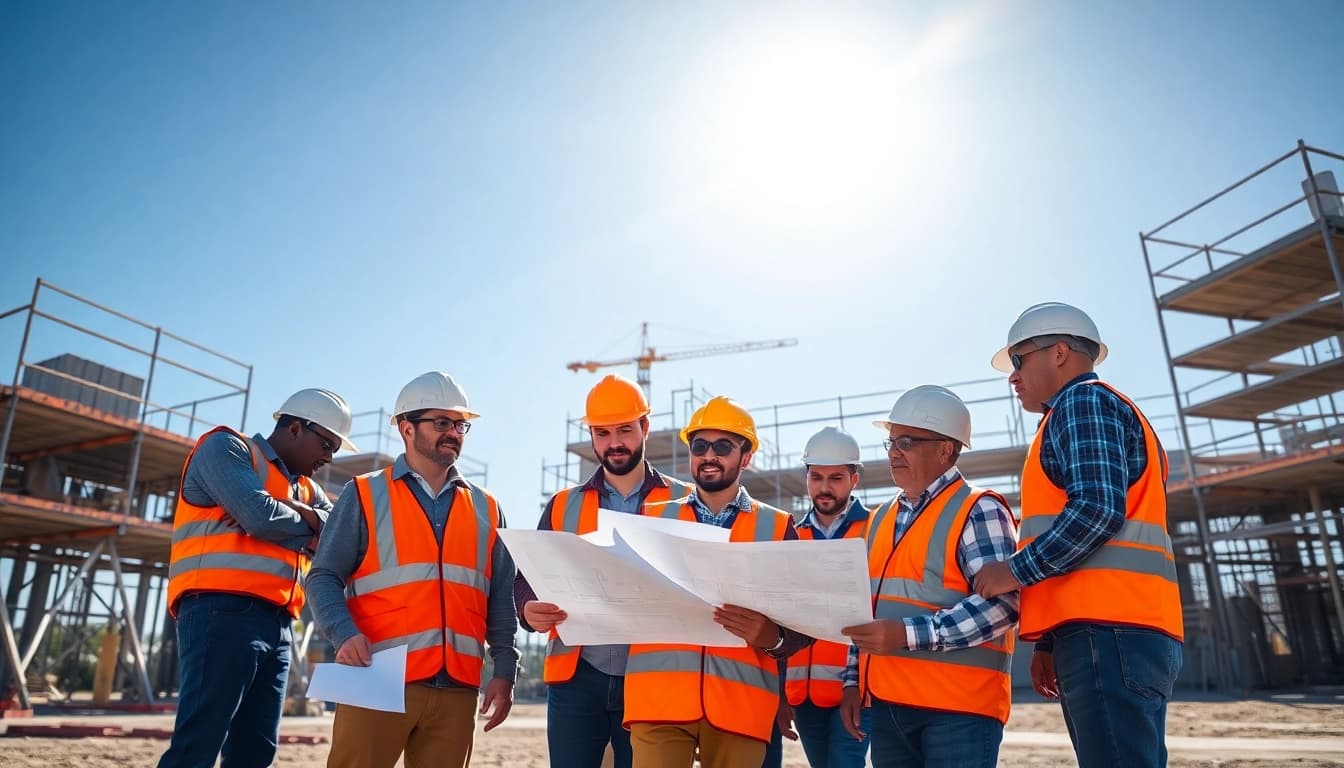 Construction workforce development highlighted by diverse professionals collaborating on-site.