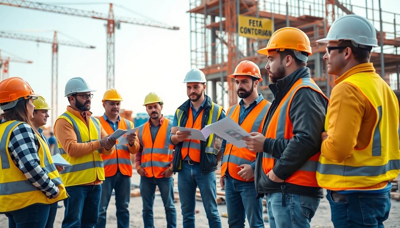 Engaged construction workers participating in construction site safety training, focusing on proper equipment use.