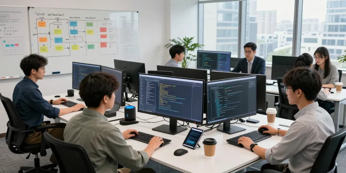 RTI Scheduler Platform teamwork in a modern tech office environment with coding screens and collaborative workspace.