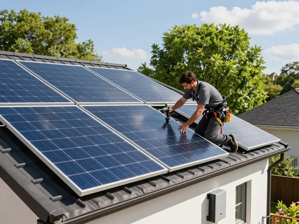 Installation of solar panels showcasing garantie op zonnepanelen at a modern home, technician working on sustainable energy solutions.