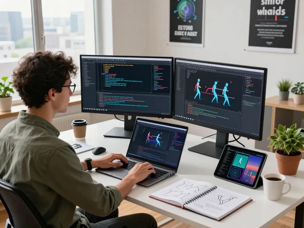 Developer working on mind control AI software in a modern workspace with dual monitors and creative materials.
