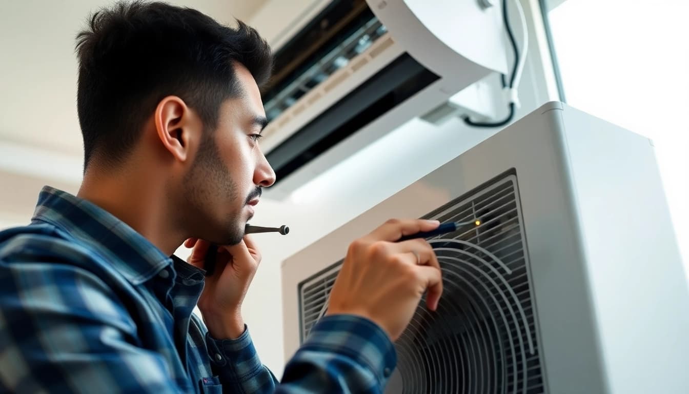 Air Conditioning Repair Tampa technician expertly servicing a unit in a bright home environment.