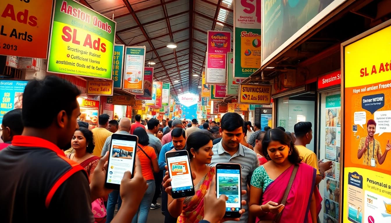 Engaging scene of locals using mobile devices for SL Ads in a vibrant Sri Lankan marketplace.