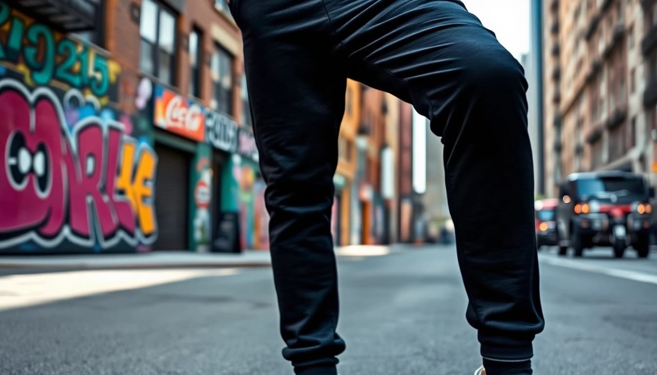 Model wearing black sweatpants in an urban setting, showcasing style and comfort.