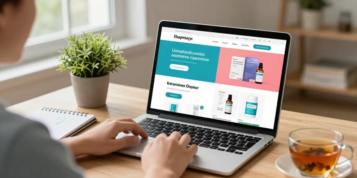 Browse ketamine online in a cozy home office setting with a laptop and wellness products, showcasing easy access and comfort.