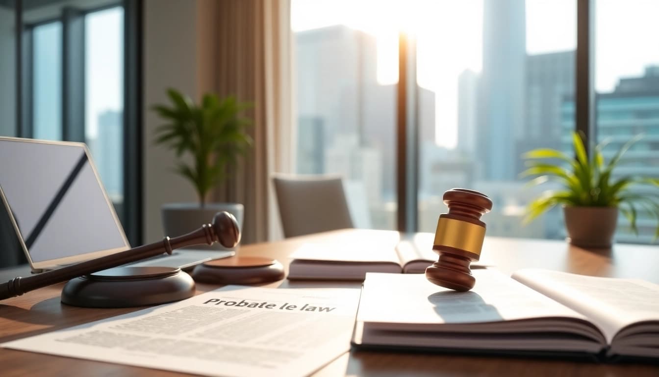 Engaging legal scene showcasing Probate law with documents and a modern office backdrop.