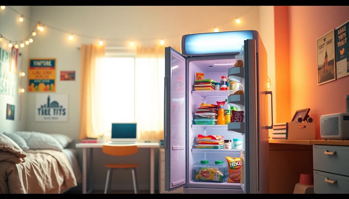 Modern dorm room fridge filled with snacks in a cozy student space.