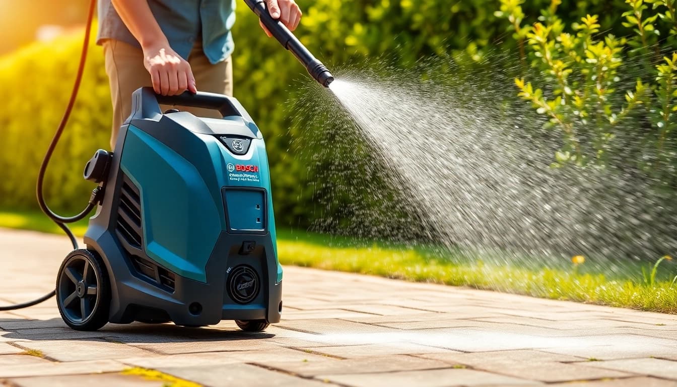 Bosch pressure washer cleaning a driveway with powerful water spray.