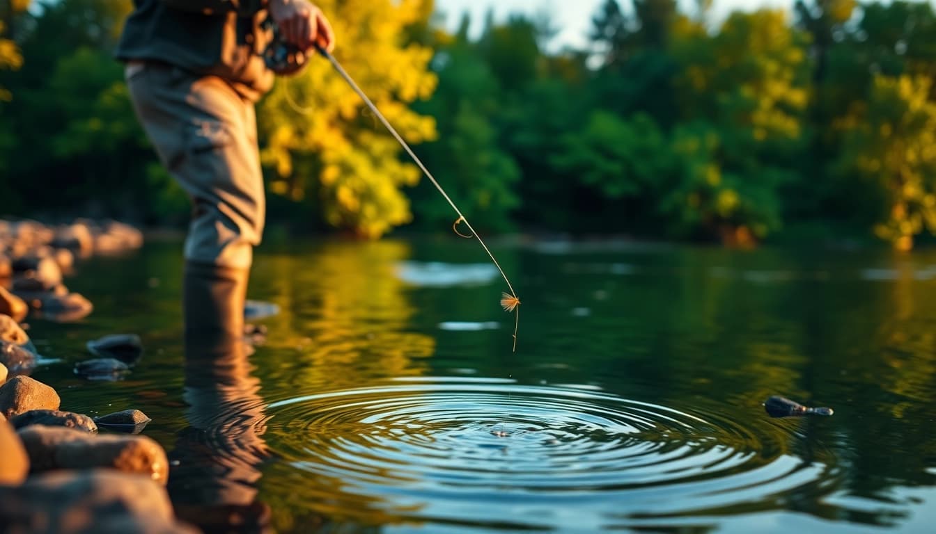 Angler casting a fly fishing line in a serene landscape with vibrant greens.