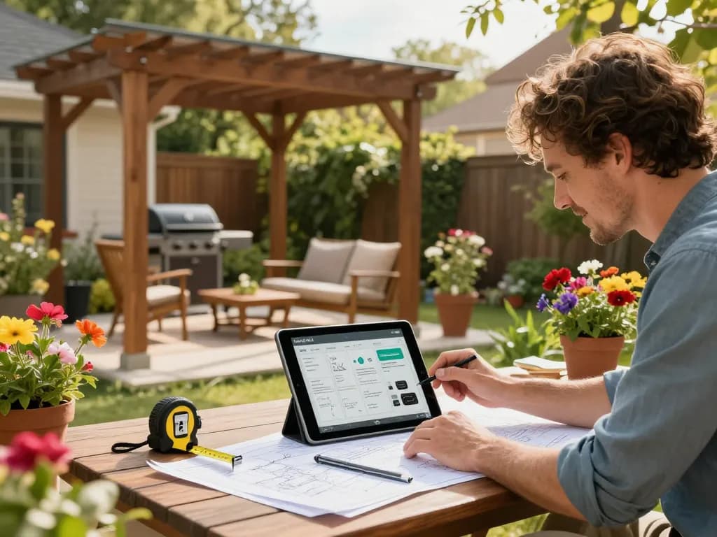 Creating a custom pergola configurator design in a beautiful outdoor setting with vibrant flowers.