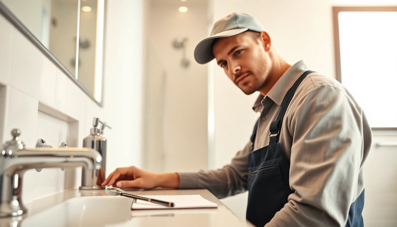 Plumber near me inspecting modern bathroom fixtures professionally.