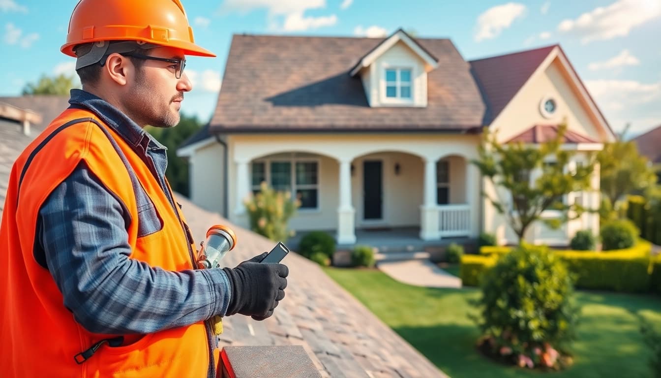 Roofing contractor inspecting a residential roof, showcasing expertise and safety.