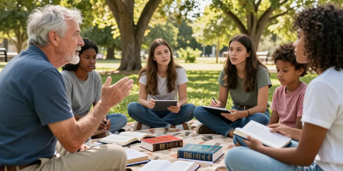 Diverse group discussing The Rapture in serene outdoor setting with books and tablet.