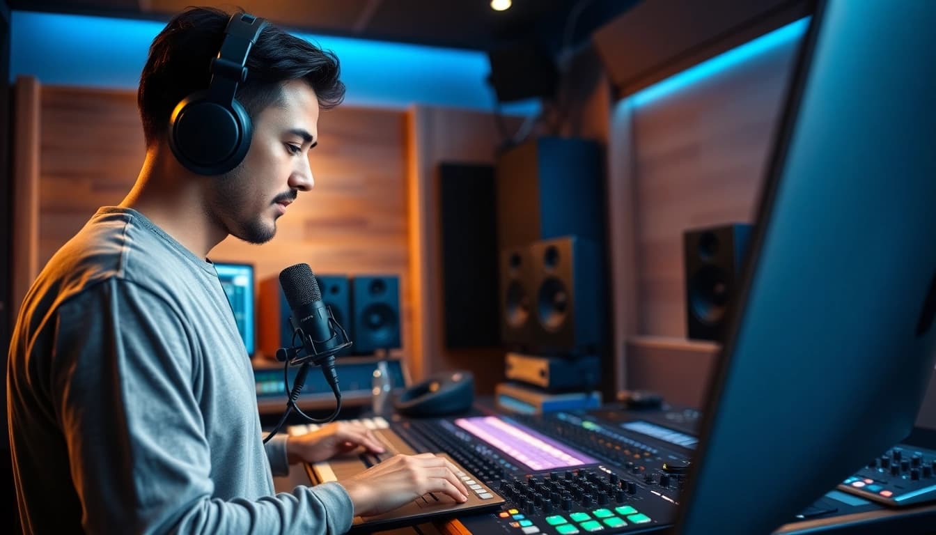 Create captivating tracks with online mastering at a modern home studio featuring advanced audio equipment.