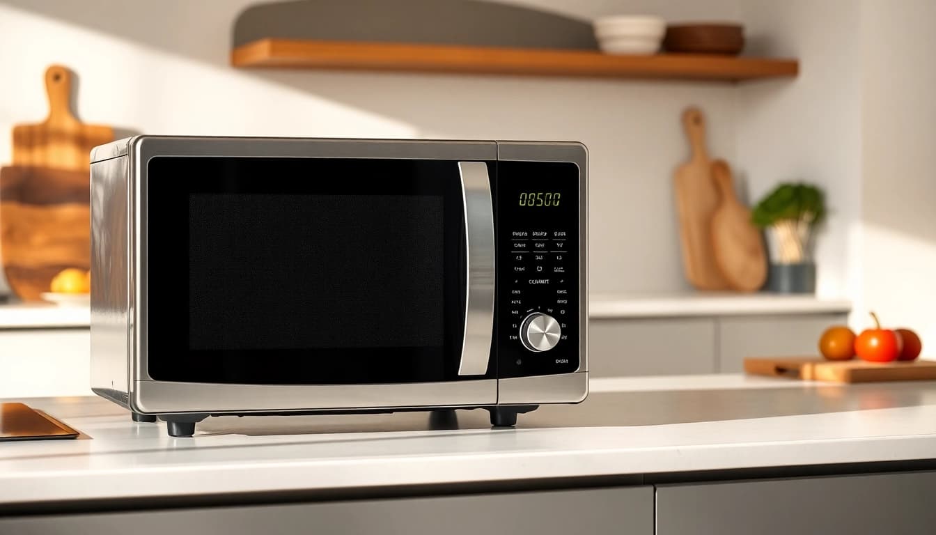 Explore Microwave Oven Sales showcasing a modern microwave in an elegant kitchen setting.