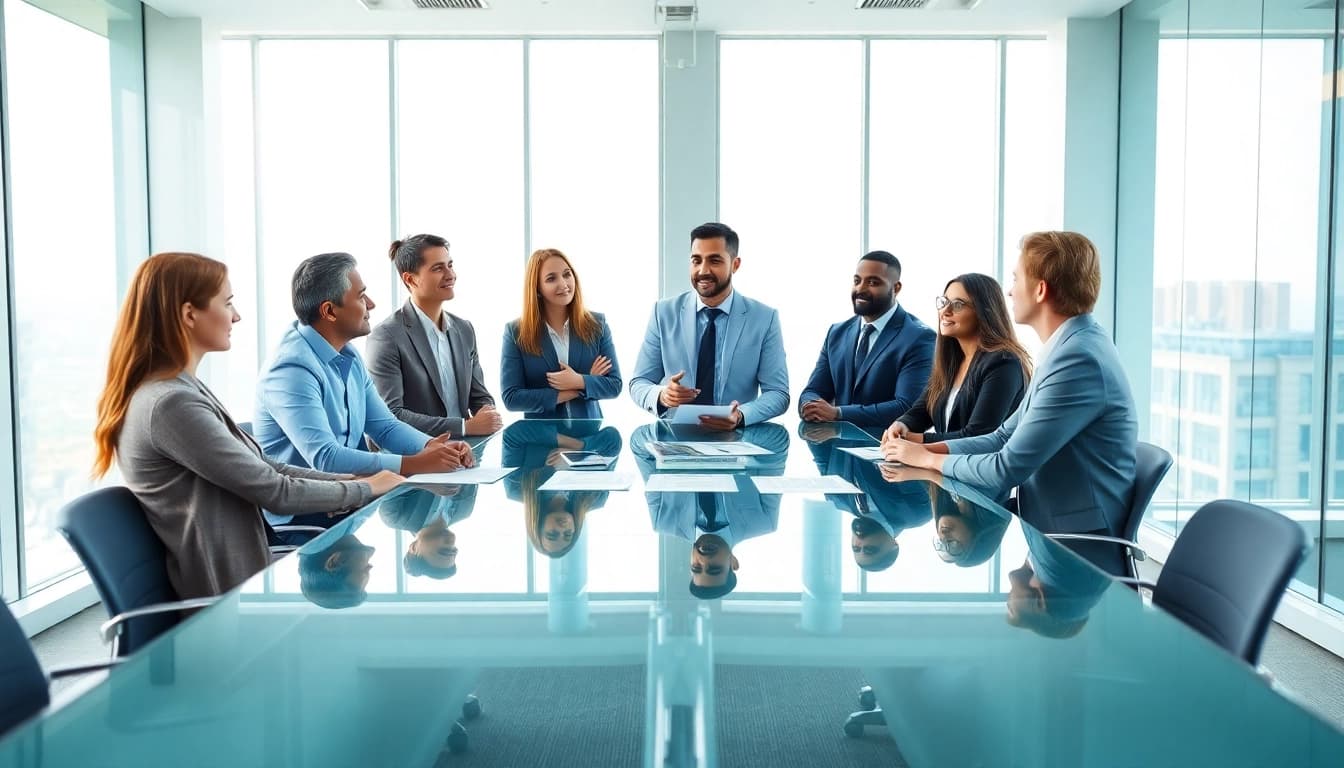 Certified financial advisor discussing strategies with clients in a bright, professional office.