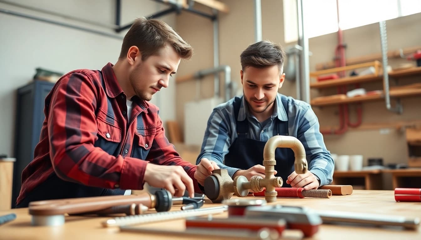 Young apprentice engaged in a plumbing apprenticeship with tools in a workshop setting.