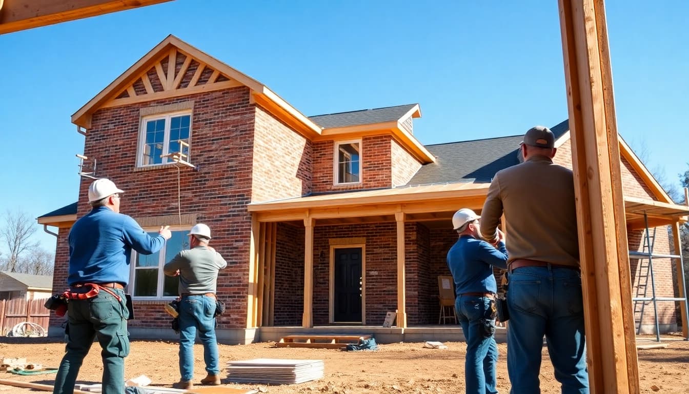Showcasing colonial home construction with skilled workers and traditional materials in a bright setting.