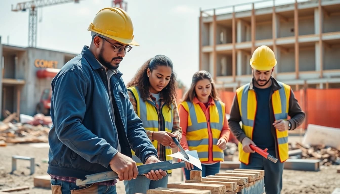 Engaged adults participating in construction training programs in an outdoor setting.