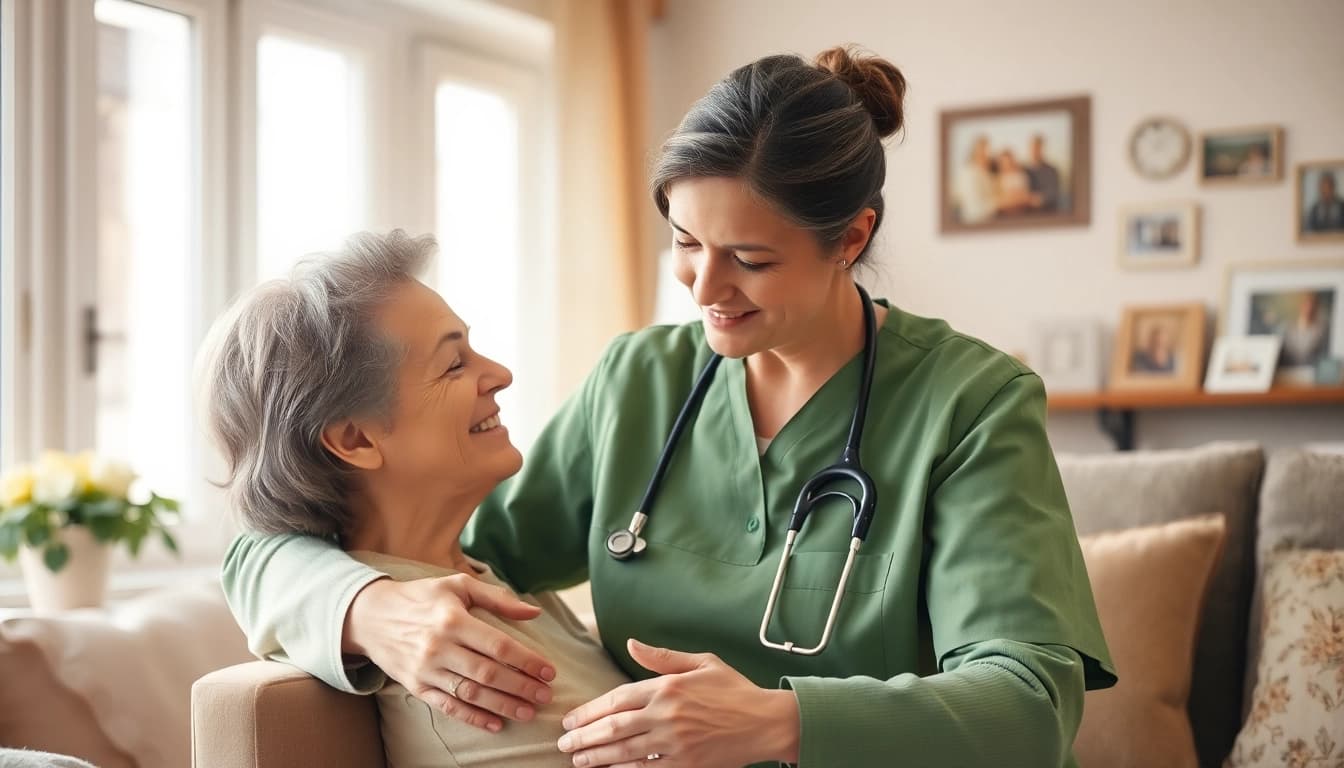 Care at home: caregiver supporting elderly person in a warm, inviting living room.