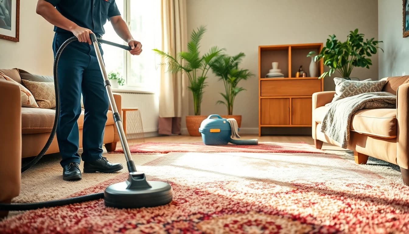 Revitalize your carpet cleaning business with a professional technician in a cozy living room.