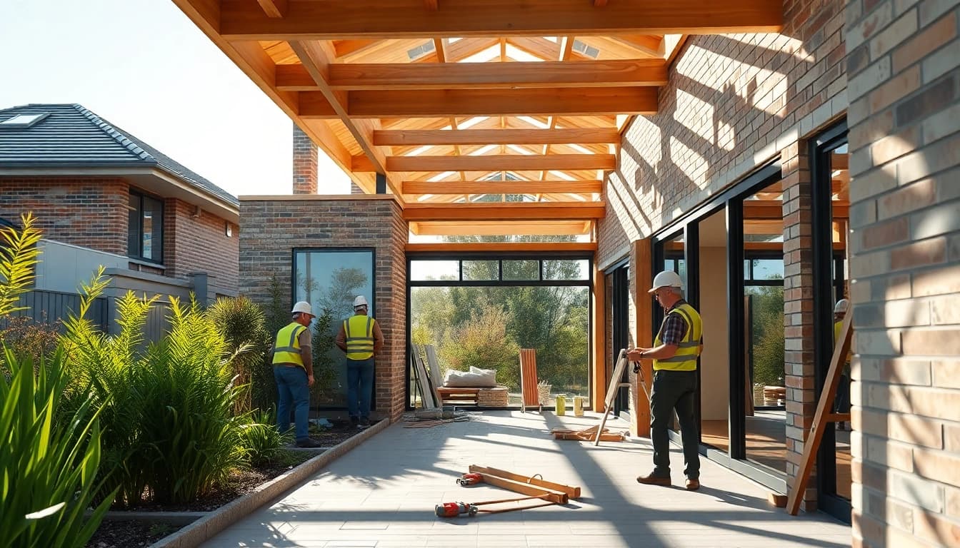 House extension construction in Melbourne with builders framing a modern design.