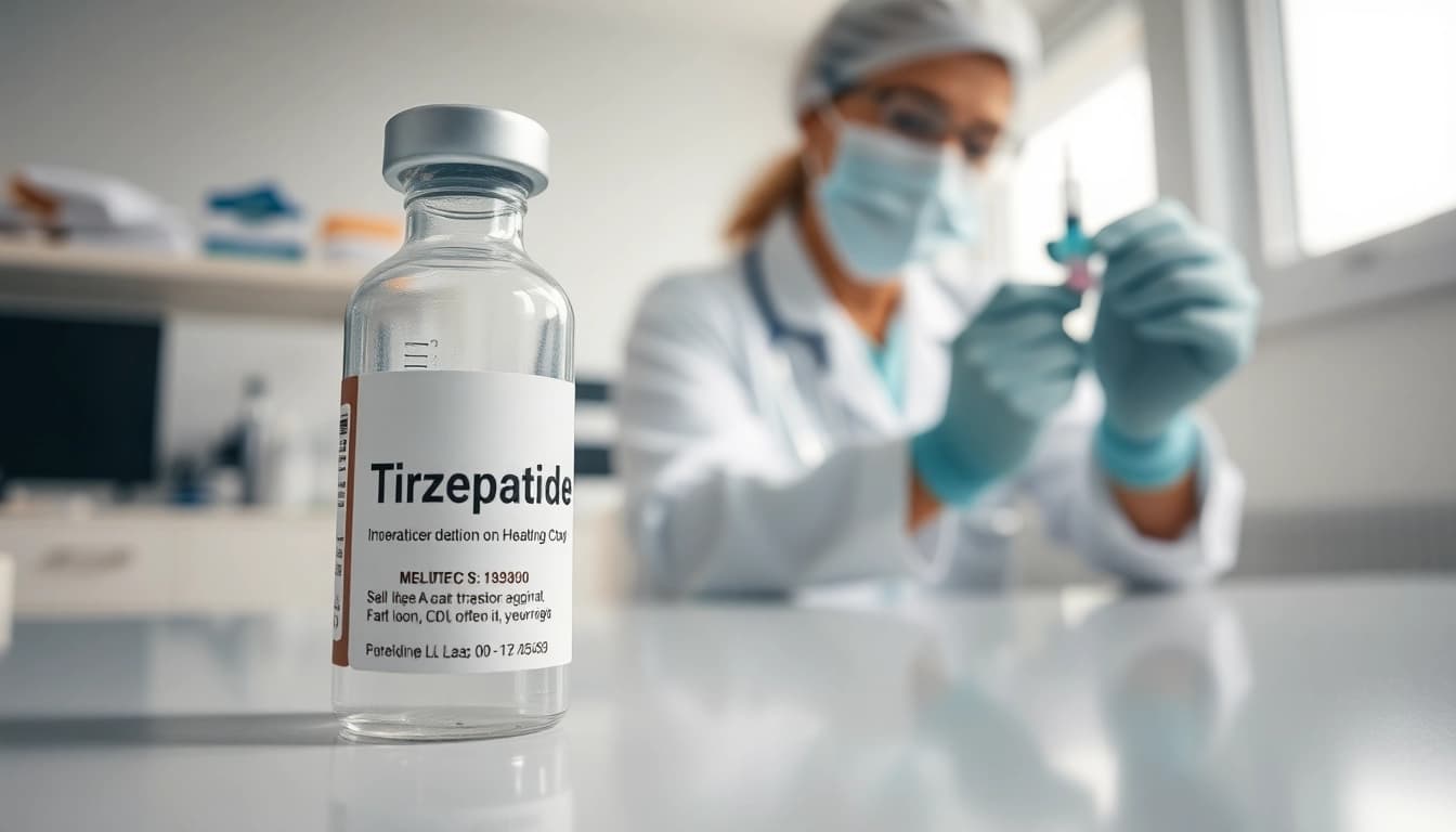 Tirzepatide vial in the foreground as a healthcare professional prepares a syringe in a clinical setting.