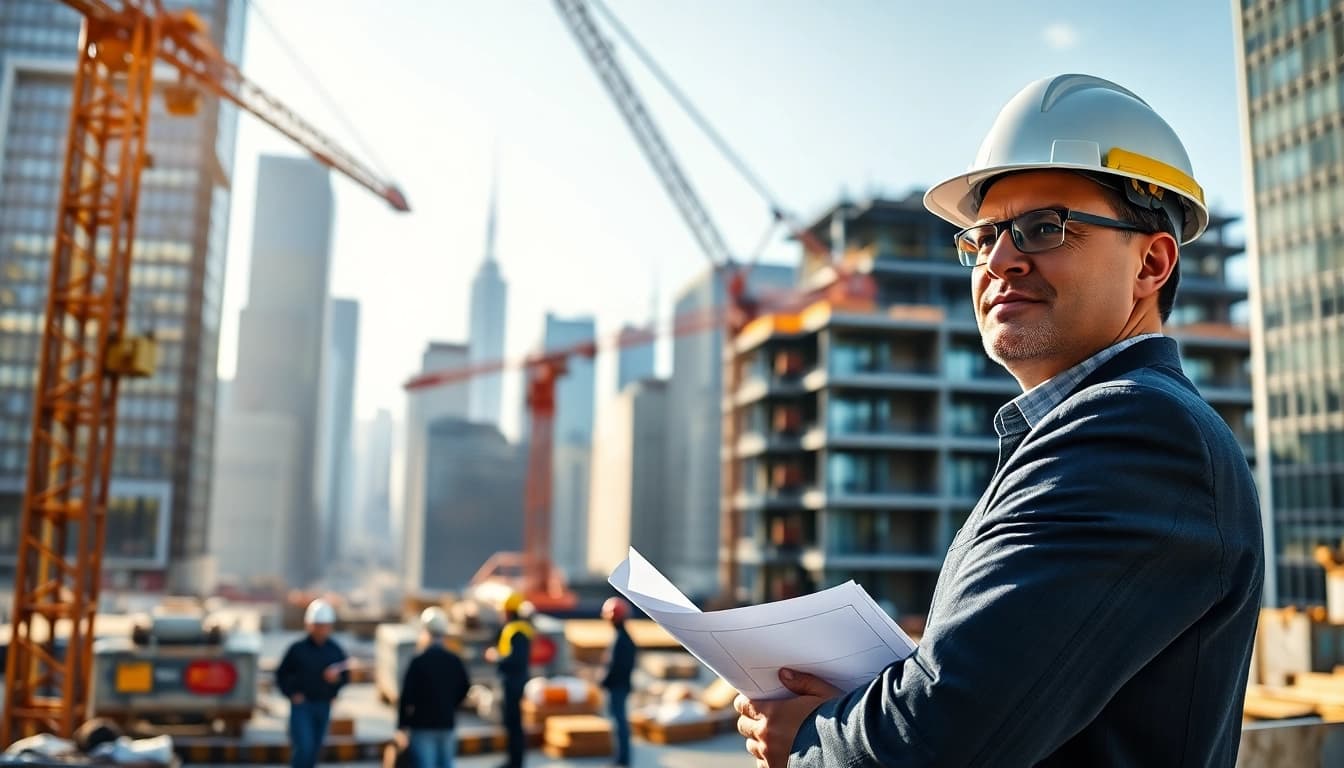 New York Construction Manager effectively supervising a lively construction site filled with workers.