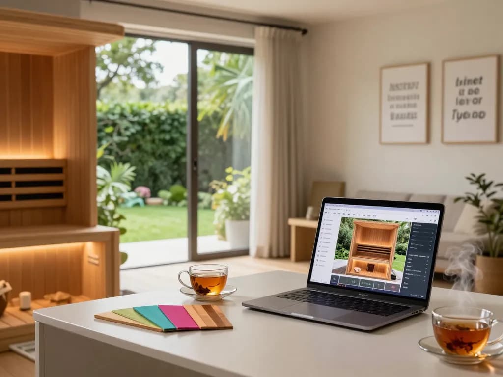 Sauna configurator session with 3D design and tranquil home spa elements